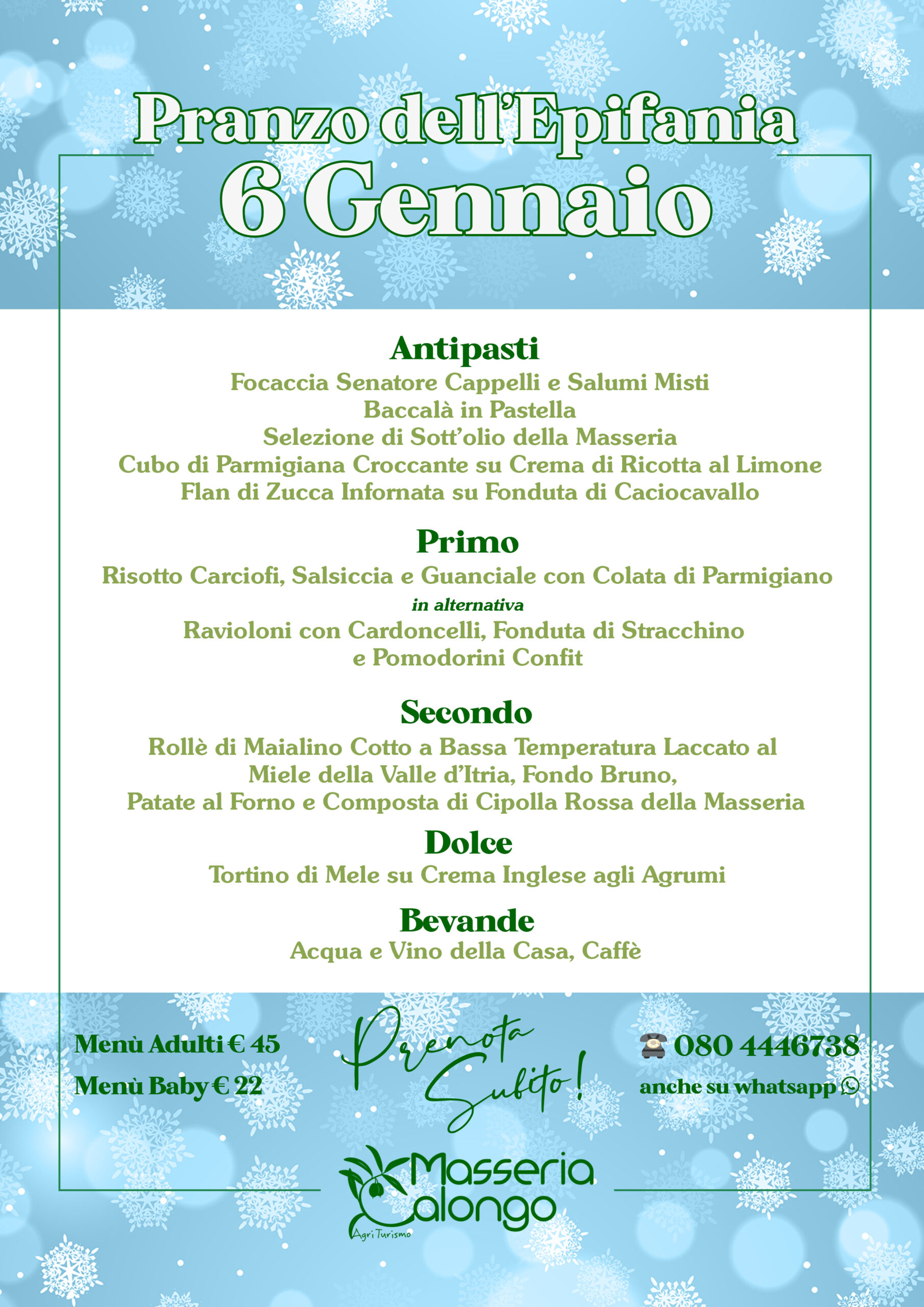 Menù Pranzo dell’Epifania martedì 06.01.2026